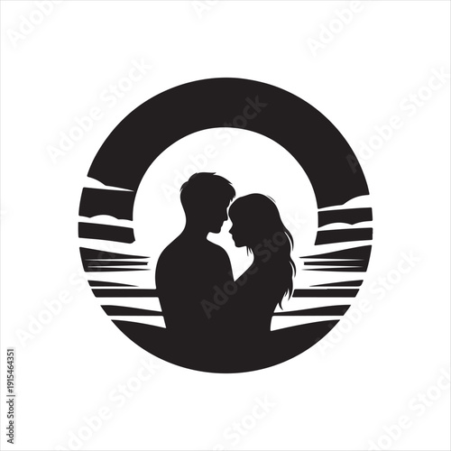 sunset couple vector silhouette line art logo concept illustration