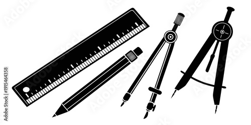 A collection of various drafting tools including a ruler, compass, protractor, and set squares. Vector