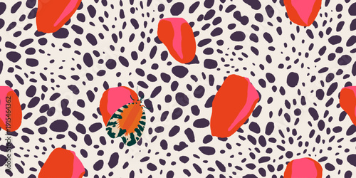 Vibrant flowers and dots pattern. Dynamic hand drawn print. Fashionable template for design. 