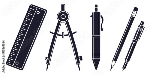 A collection of various tools including a ruler, compass, protractor, and pens Vector
