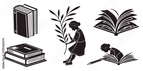 A collection of images depicting various aspects of reading and studying Vector