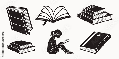 Illustrations of books, a student, and a person reading, representing education and learning. Vector