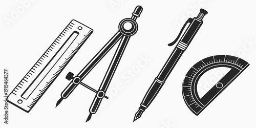 A collection of various geometry tools including a protractor, compass, and ruler Vector