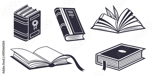 A variety of open books and a closed book on a table Vector