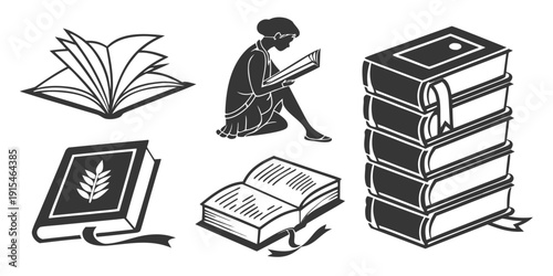 A person organizing books and documents in a library setting with shelves and a computer. Vector