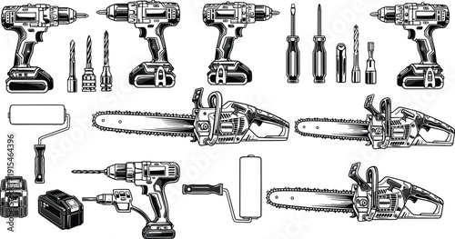 Professional power tools vector illustration set with cordless drills, chainsaws, screwdrivers, paint rollers, batteries, and workshop equipment line art