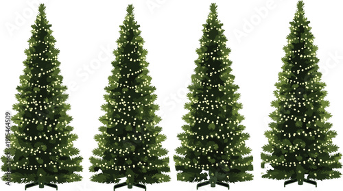Realistic decorated Christmas tree vector illustration set with festive lights, evergreen branches, holiday season decoration isolated on white background