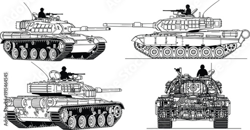 Detailed military tank vector illustration set with multiple views, armored vehicles, tracked combat machines, and technical line art design