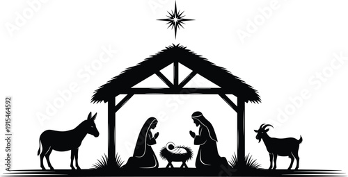 Black vector silhouette of a traditional Christmas nativity scene with Mary Joseph baby Jesus in a manger donkey and goat under a shining star