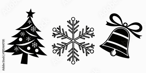 Winter holiday symbols including a tree, snowflake, and bell Vector