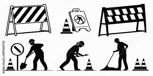 Construction workers performing various tasks on a road under construction Vector