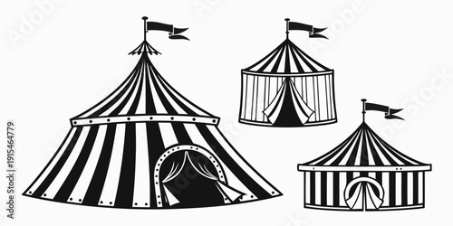 Three circus tents with flags on top, set against a white background Vector