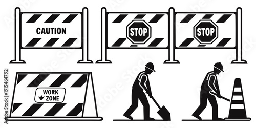 A person is seen placing a stop sign on a road with barriers and cones. Vector