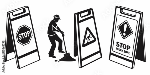 A man walking past three road signs indicating a pedestrian zone, a warning, and a stop sign. Vector