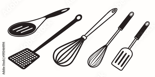 A collection of various kitchen utensils including whisks, spatulas, and grills. Vector