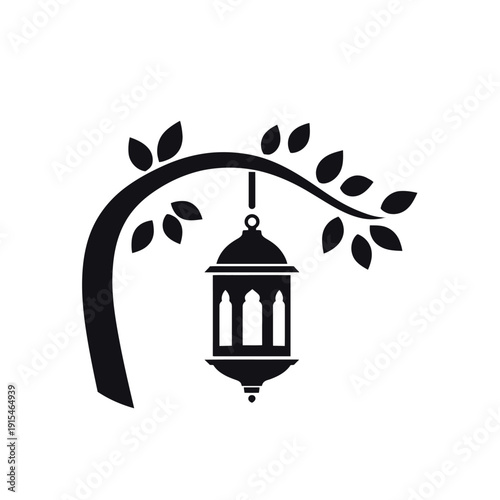 Stylized vector graphic featuring a classic lantern gracefully hanging from a curved tree branch adorned with leaves, perfect for ornamental designs and cultural themes