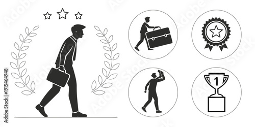 A person walking with various symbols representing achievements and milestones. Vector