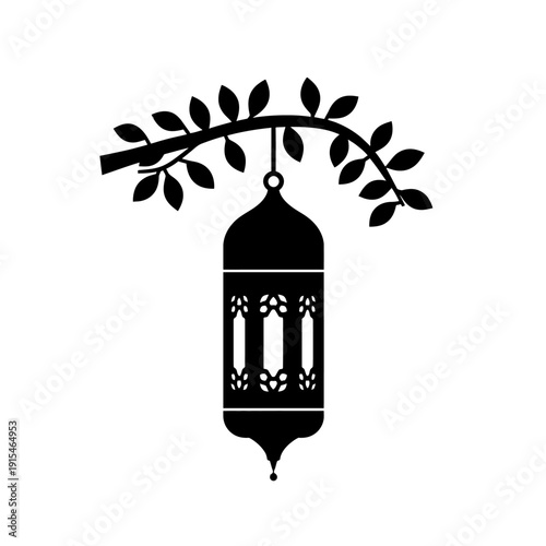 Elegant silhouette of a traditional ornate lantern hanging from a leafy branch, symbolizing festive cultural celebrations and illuminating evening gatherings