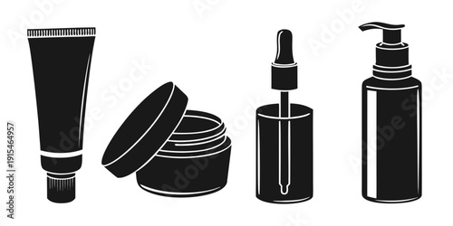 Assorted black cosmetic containers including tubes, jars, and spray bottles Vector
