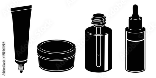 An assortment of black cosmetic containers including a tube, jar, dropper bottle, and spray bottle. Vector