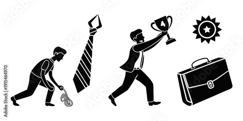 Illustration of a business journey with a person climbing, running, and holding a trophy Vector