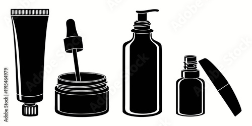 An assortment of black cosmetic products including lotions, creams, and applicators Vector