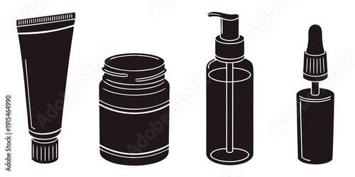 An assortment of black cosmetic containers including tubes, jars, and spray bottles. Vector