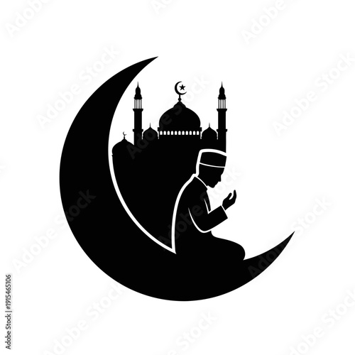 Stylized graphic illustration of a Muslim worshipper in prayer pose with a mosque and crescent moon, representing Islamic spirituality and traditions