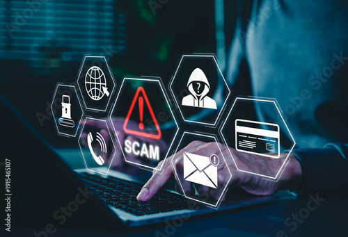 Obraz na plátně Scam Alert Warning with Cybersecurity Icons