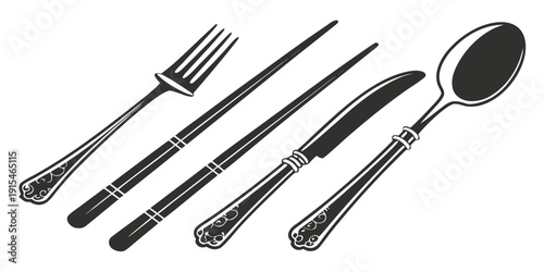 A set of silverware including a fork, spoon, and knife Vector