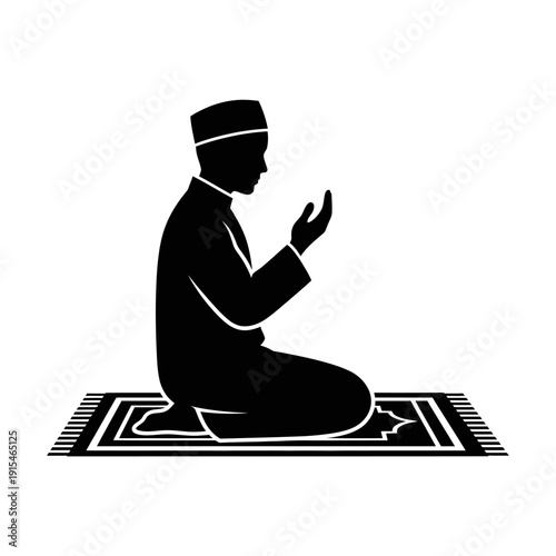 Silhouette of a Muslim man praying on a prayer mat, embodying religious devotion and spiritual practice