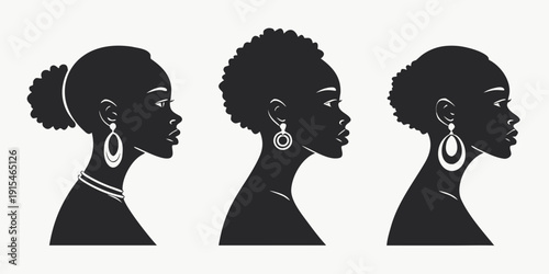 Three stylized silhouettes of women showcasing diverse hairstyles and earrings Vector
