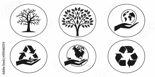 Six icons representing recycling, nature, and environmental conservation Vector