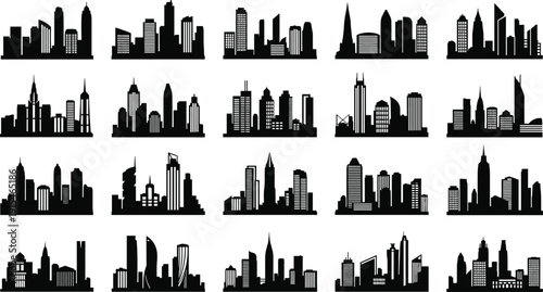 City skyline silhouette icon set, urban architecture vector illustration, skyscraper building design for mapping, metropolitan landscape art collection