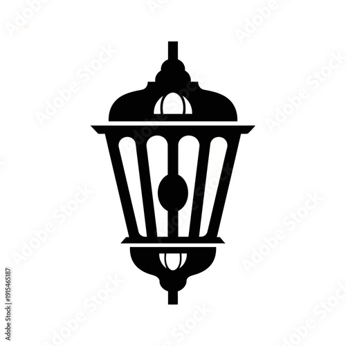 Elegant Classic Vintage Lantern Silhouette Icon - A detailed black outline graphic of an old-fashioned street lamp for traditional and decorative lighting design