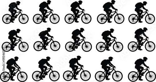 Cyclist silhouette icon set, bicycle rider vector illustration, outdoor sport design for fitness, transportation symbol art, helmet backpack graphic collection