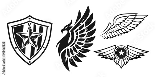 Three distinct logos featuring a shield, a winged emblem, and a star. Vector