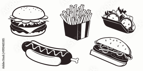Assorted fast food items including burgers, hot dogs, and fries Vector