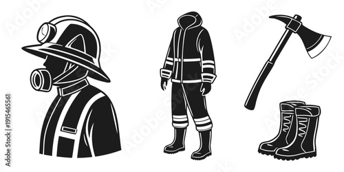Firefighters in protective gear with an axe and rubber boots ready for action Vector