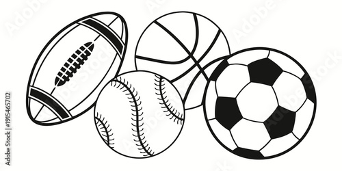A collection of various sports balls including a rugby ball, baseball, and soccer ball. Vector