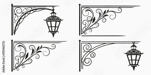 Four vintage wall lanterns with ornate brackets in black and white illustration Vector