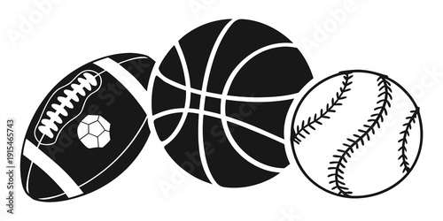 A collection of three different sports balls: a football, basketball, and baseball. Vector