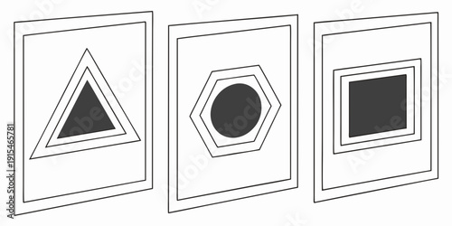 Geometric shapes framed in a series of three distinct displays Vector