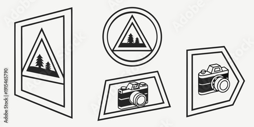 Assorted geometric shapes and symbols displayed on various surfaces and objects. Vector