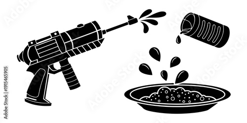 A machine gun fires bullets into a bowl of beans on a table. Vector