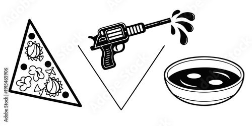 A whimsical illustration of a pizza slice, a gun, and a frisbee. Vector