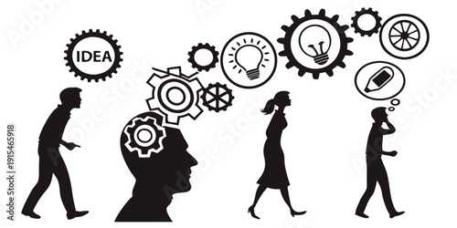 Illustration of people with gears and symbols coming out of their heads Vector