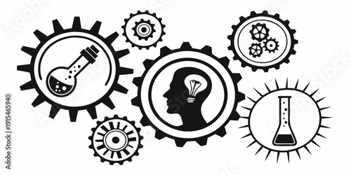 A collection of gears and icons representing various aspects of business and industry. Vector