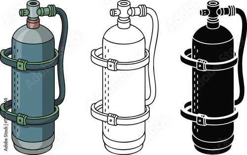 Scuba diving air tank silhouette & Outline and illustration set isolated on transparent background