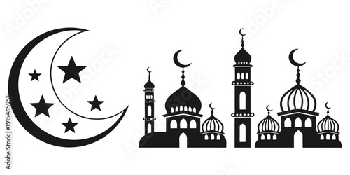 Silhouettes of mosques and crescent moons against a white background Vector